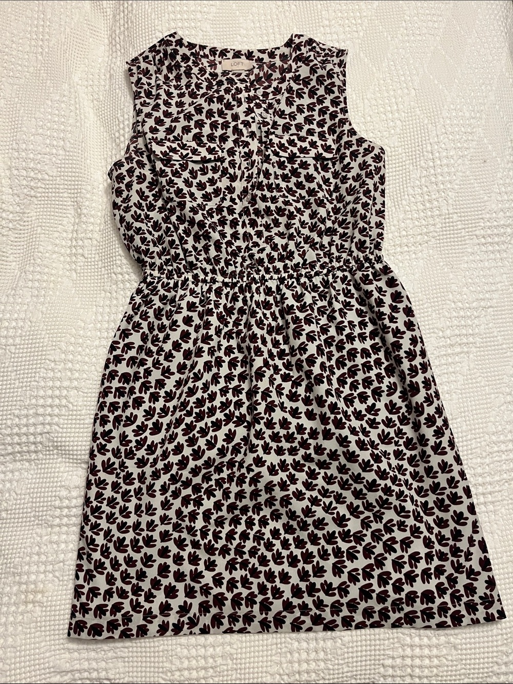 LOFT Sleeveless Mini Dress in White and Dark Maroon Leaf Print